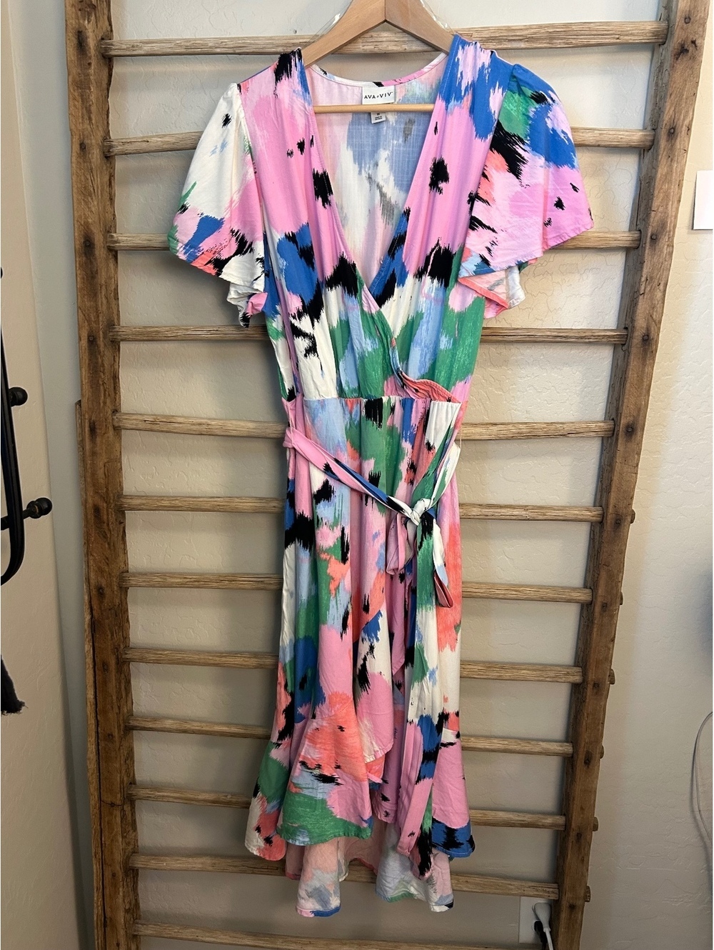 AVA & VIV Women's 1X Multicolor Rayon Wrap Dress with Belt